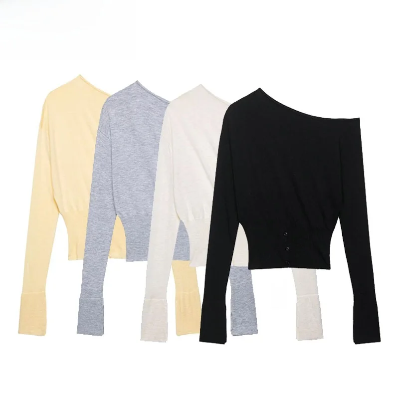 

ZBZR Autumn New Women's Faion Slant oulder One-oulder Knitted Long Sve Pure Color Slim Fit Sweater Warm Polyester Fiber