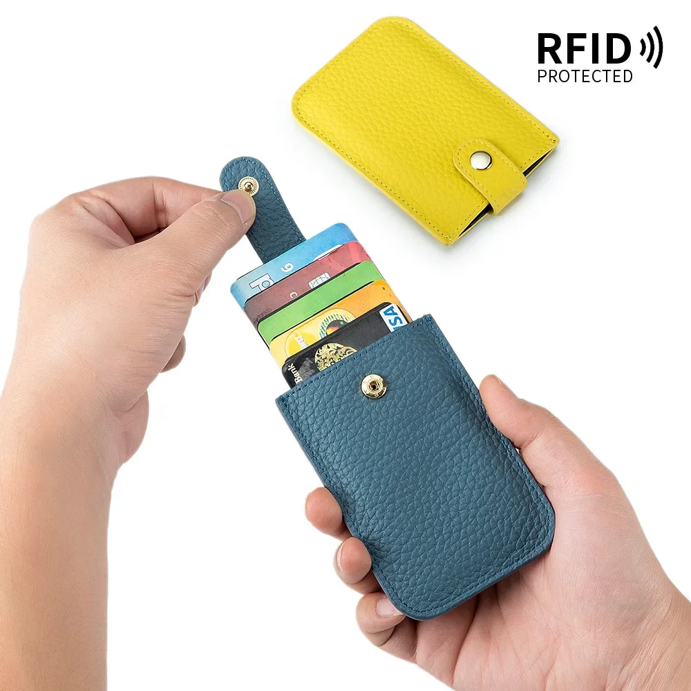 RFID Blocking Pull Out Slim Credit Card Holder For Women Men Genuine Leather Portable Pocket Purse Thin ID Card Case Wallet