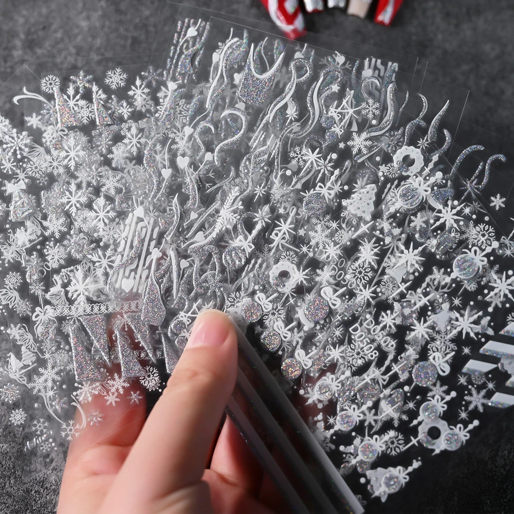 12 pz 2024 inverno natale Nail Art adesivi decalcomania 10*8cm 3D lucido Glitter fiocco di neve Elk cappello Xmas adesivo Manicure Slider Y2K