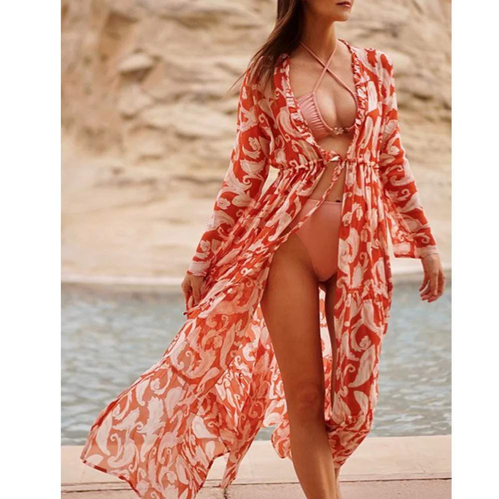 Bedruckte Bluse im tropischen Stil Damen Orange Mode Hemd Sommer Strand hemd Sexy Langarm Spitze V-Ausschnitt Beach wear