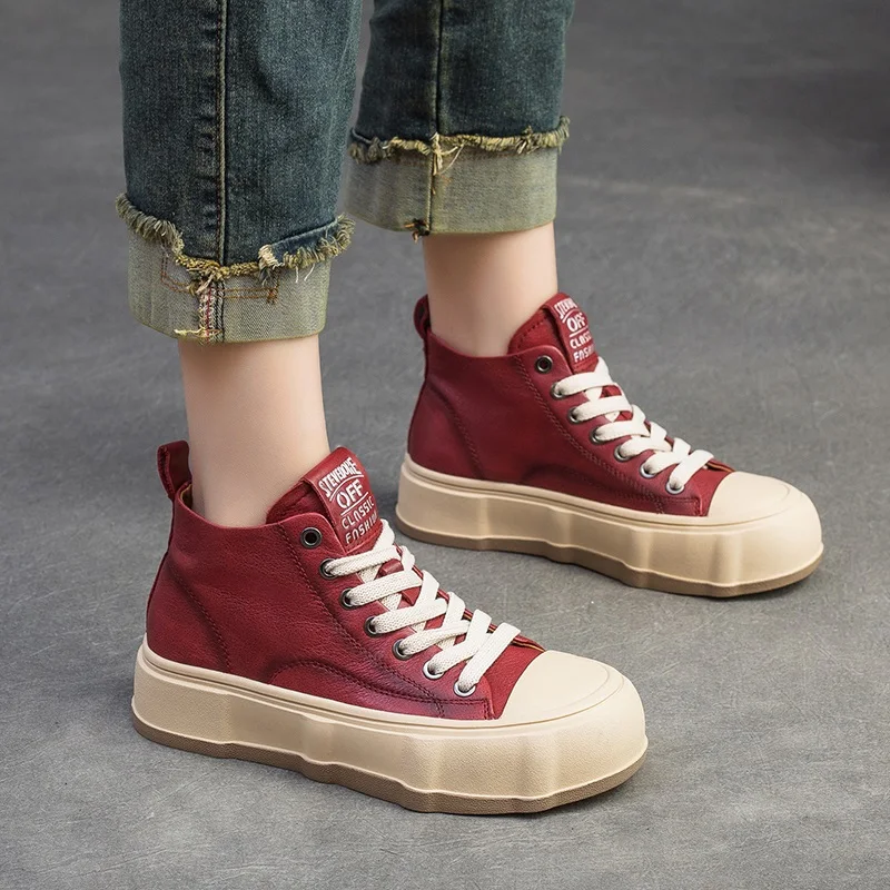 DRKANOL Chunky Platform Sneakers Women High Top Genuine Cow Leather Flat Shoes Ladies Spring Thick Bottom Casual Short Boots