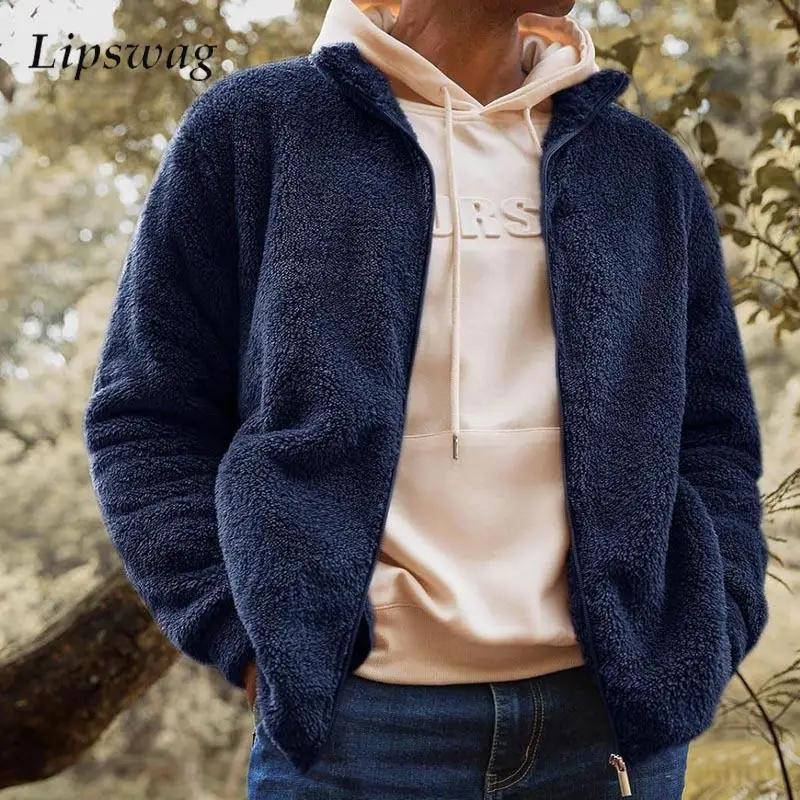 Casual Mens Furry Wool Jackets Fall Winter Warm Long Sleeve Zipper Outerwear Vintage Solid Color Loose Furry Fleece Jacket Men