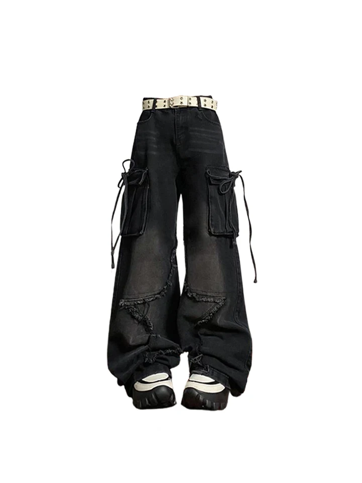 Women's Black Gothic Baggy Cargo Jeans with Star Harajuku Y2k 90s