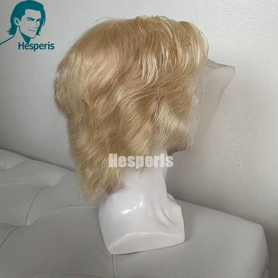 Hesperis Short Cut Full Head Lace Pre-Styled Glueless Male Blonde Wig for Easy Wear 613 Lightest Blonde Human Hair Men's Wig