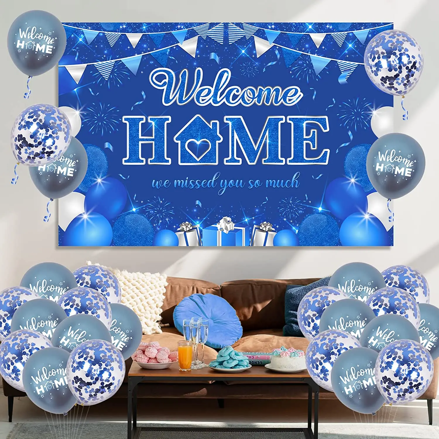 Blue Glitter Banner Backdrop Confetti Balloons, Welcome Home Decoration, Baby Boy Return, Party Supplies