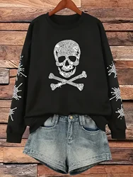 Plus size printed skull sweatshirt, casual crew neck long sleeve pullover autumn/Winter plus size for women