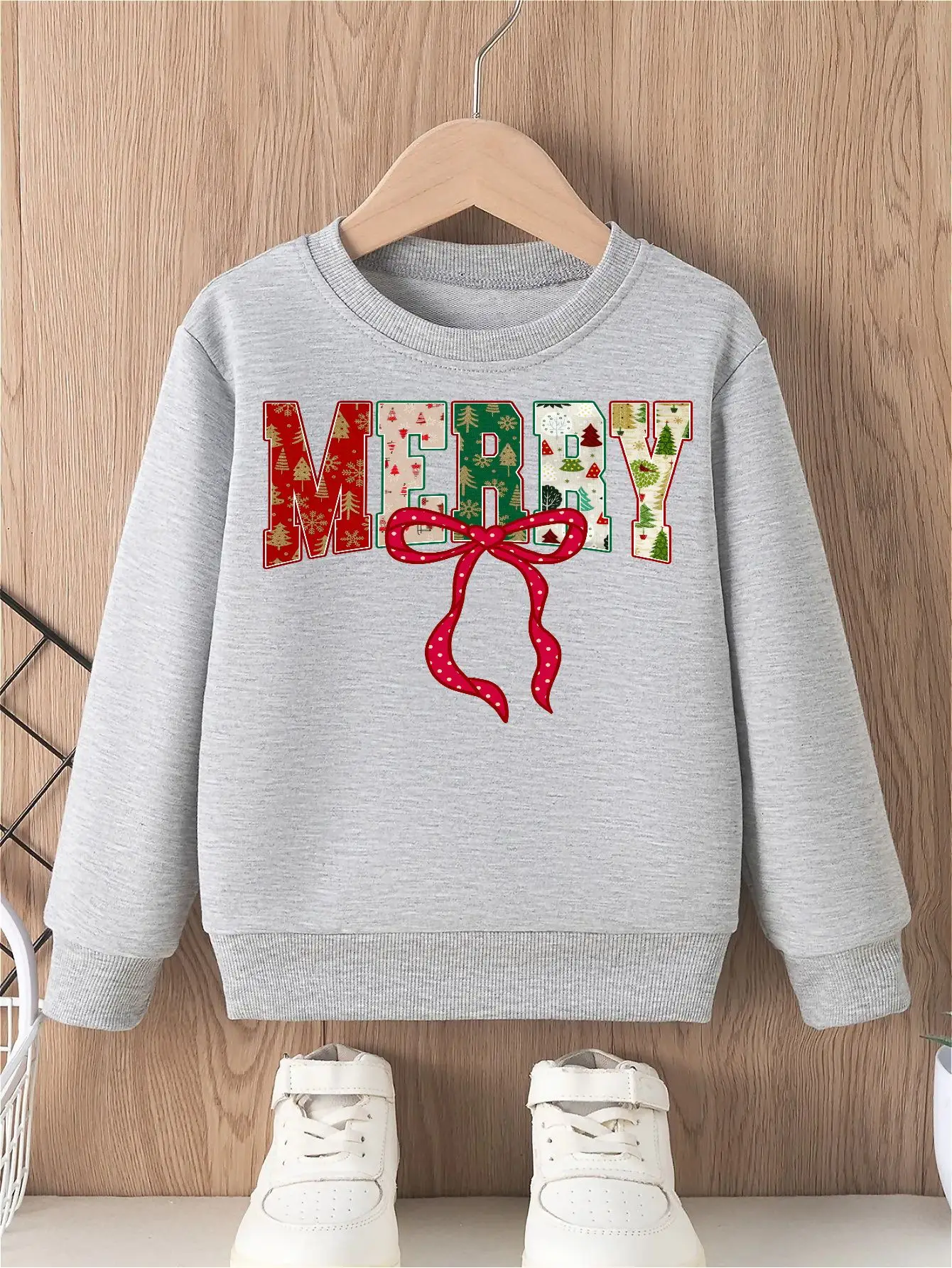 Merry Christmas Tree Pattern Girls Hoodie No Hat Holiday Festive Season round tops