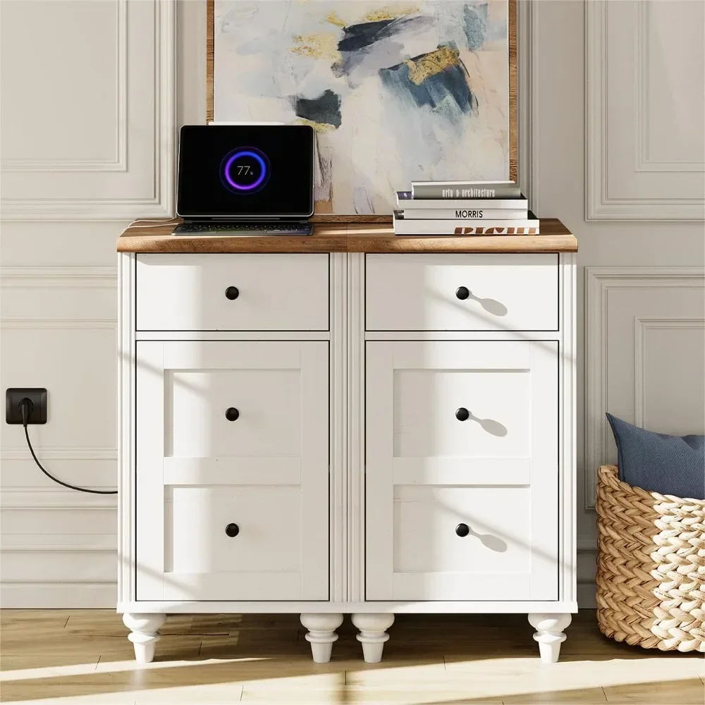 Set of 2 Farmhouse End Table with Charging Station, White Side Table with Drawer & Storage Cabinet, Wood Nightstands