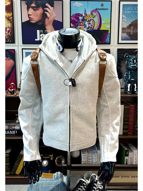 

Мужская утепленная осенняя куртка-кардиган с широкими плечами, капюшоном и мотоциклетными элементами, с длинными рукавами, комфортная, модная.