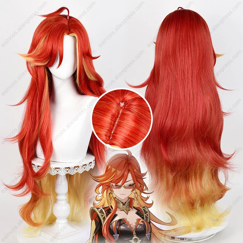 Peruca cosplay Pyro Archon Mavuika 100 cm de comprimento cabelo sintético resistente ao calor