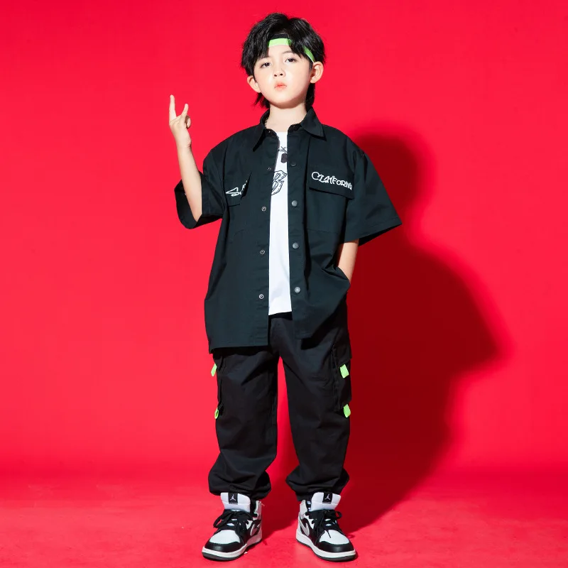 Traje de baile de Hip Hop para niños, camisas sueltas de baile callejero, pantalones, traje negro Kpop, ropa de actuación de Jazz, ropa de escenario BL10248