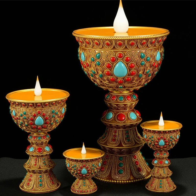 LED Electronic Butter Lamp Holder, Buddha Front Supply Lamp, Simulated Flame, Filigree Inlaid Gemstone Supply Lamp, Candle Stand