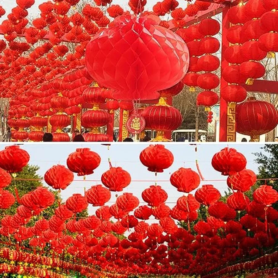 16 قطعة فوانيس زينة السنة الصينية الجديدة 10 بوصة فانوس ورقي أحمر معلق للاحتفال مهرجان الربيع الصيني ديكورا #5