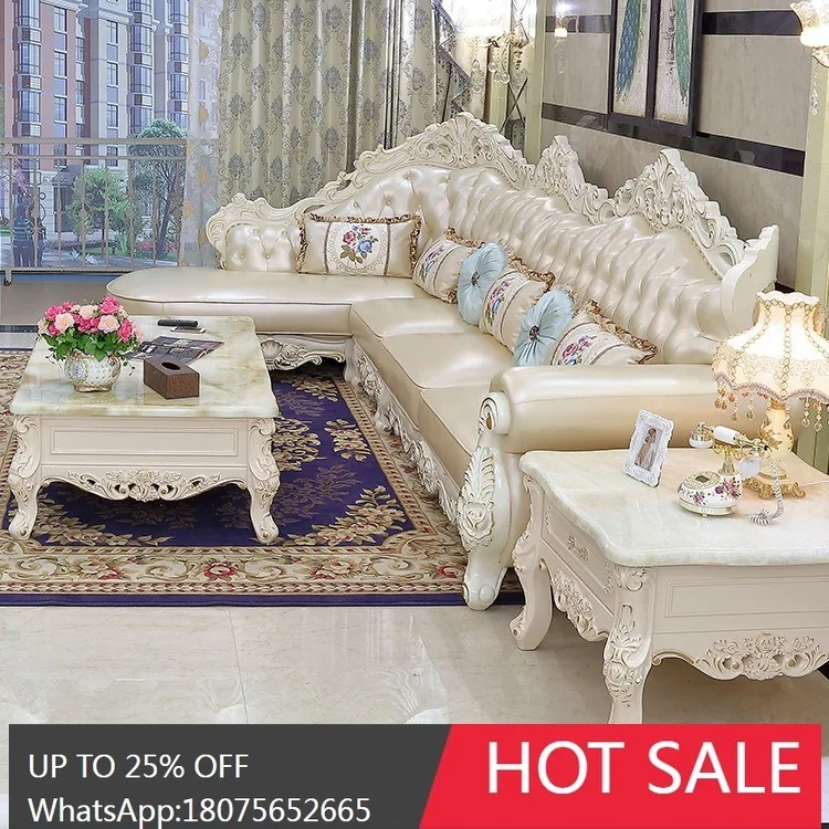 HLZ European Style Genuine Leather Sofa Corner Chaise Sofa Set Living Room French Corner Small Apartment Sofa
