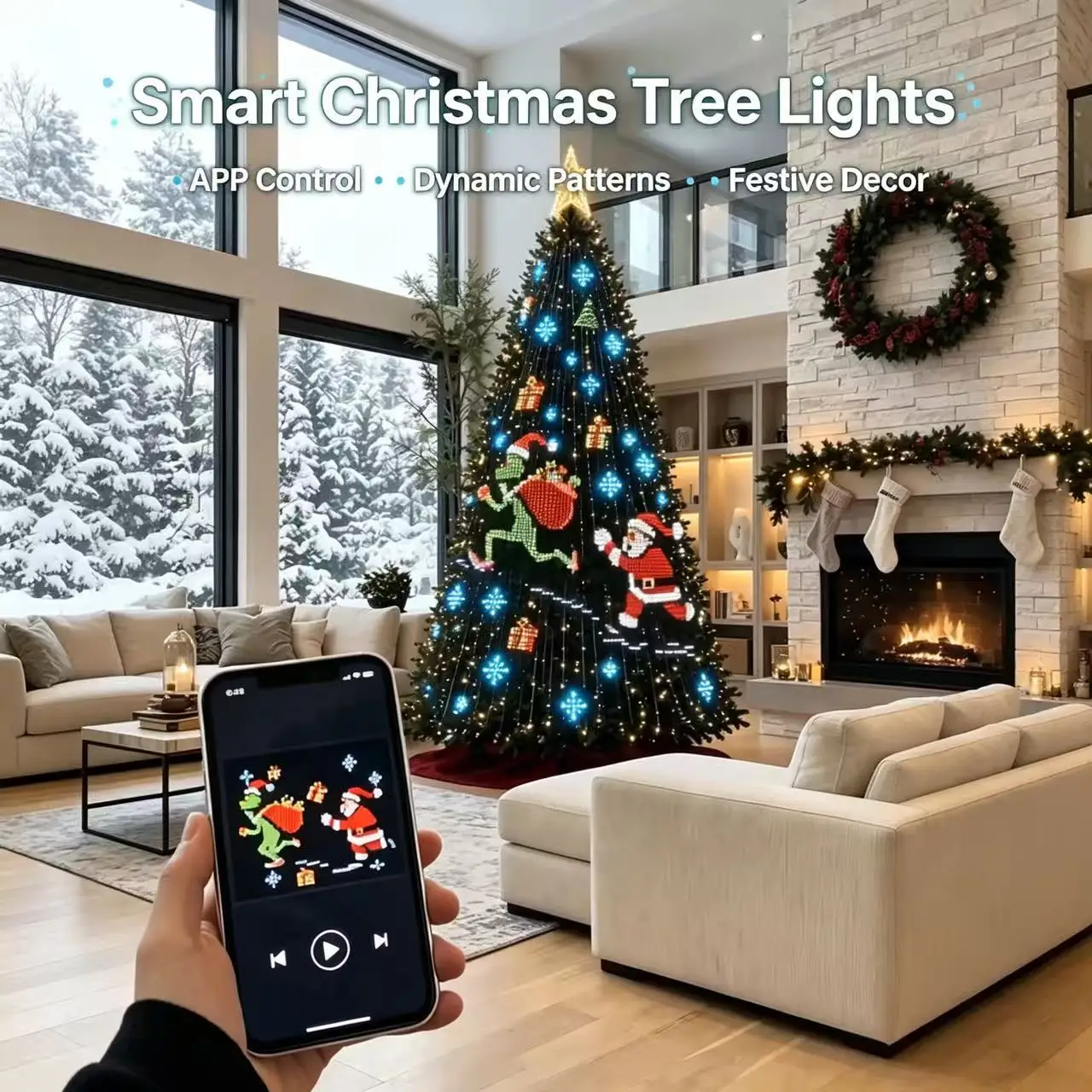Smart Programmable LED Christmas Tree Pixel Lights, App Control Music Sync RGB String Light, Custom Pattern Xmas Decor
