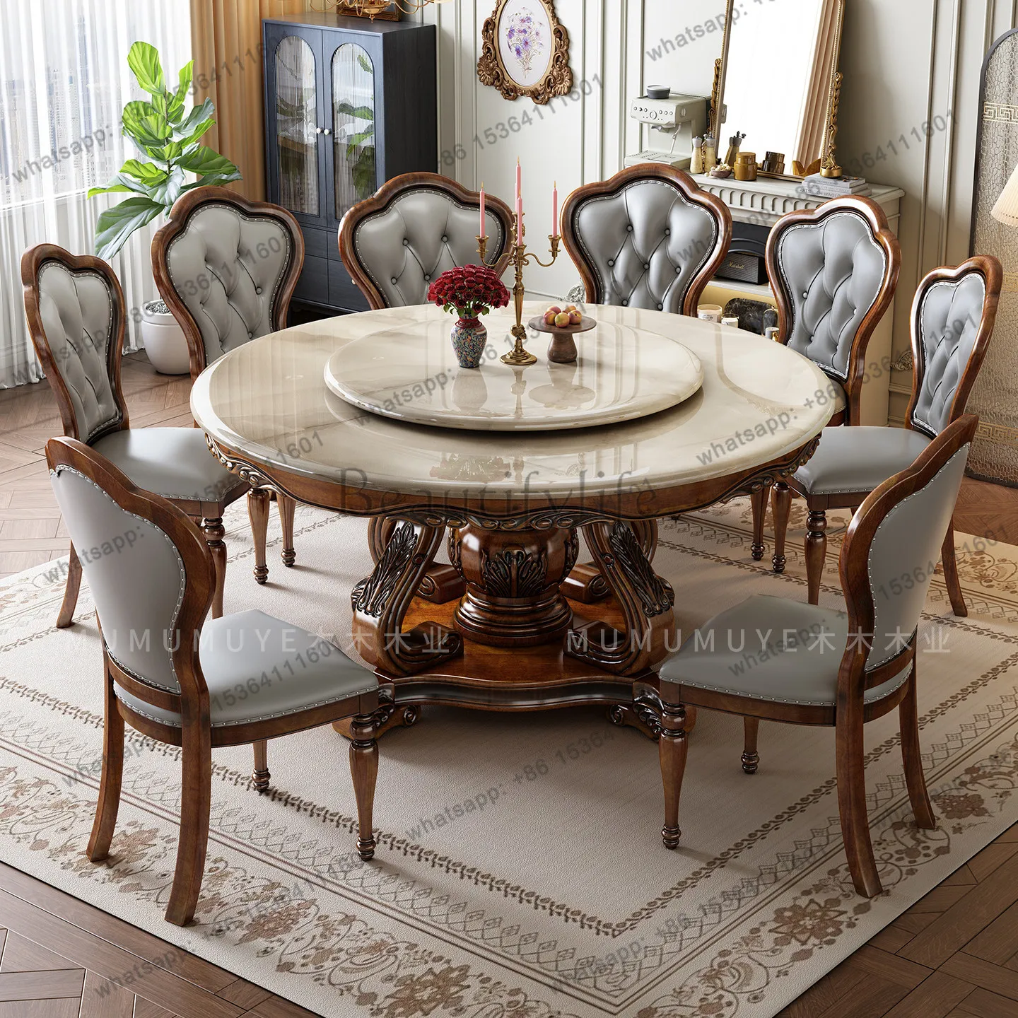 High-end marble dining table American solid wood carving flower household round table with turntable