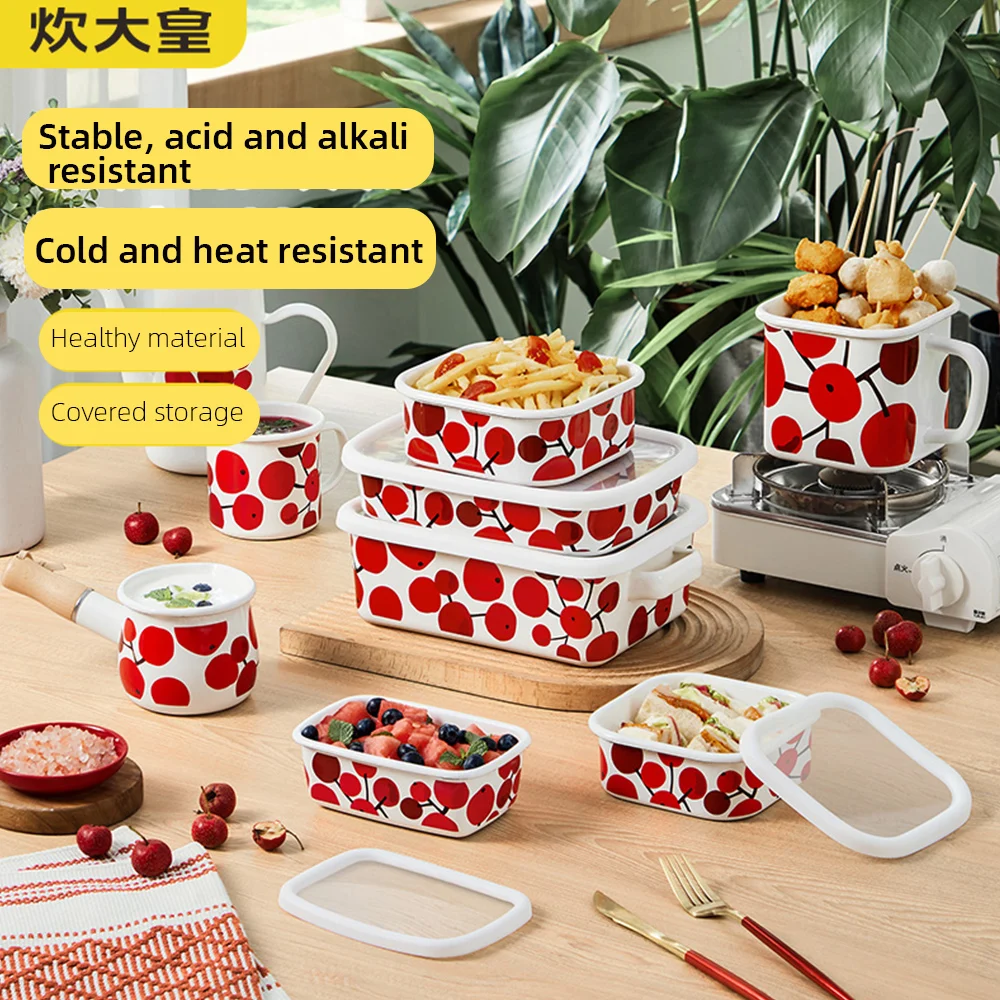 COOKER KING Vintage-Picknickset aus Emailleware: Lebensmittelbehälter, Einhand-Topf und Becher für Camping, Wandern und Essen im Freien