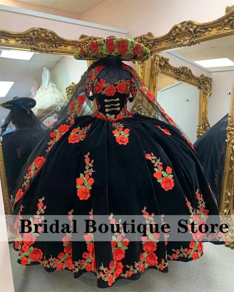 Black Mexican Ball Gown Quinceanera Dresses 2023 With Cape Flowers Appliques Luxury Sweet 16 Dress Vestidos De Xv Años Lace-Up