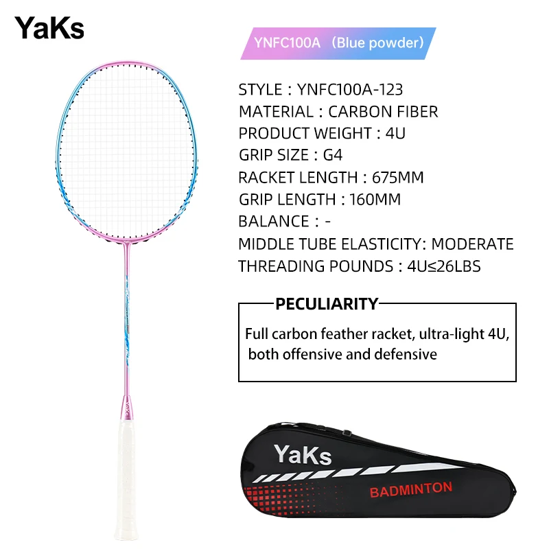 New 2023 YaKs Brand High Quality Badminton Racket 22-26 Pounds Carbon Fiber Professional Racquets Thread 26lbs Ultra Light 4U