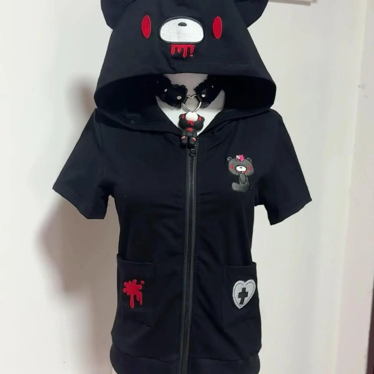Cartoon Gloomying Bear Hoodie Printed Punk Gothic Blood Violent Bear Hoodied T-shirt Zipper Short Sleeves Tops Streetwear