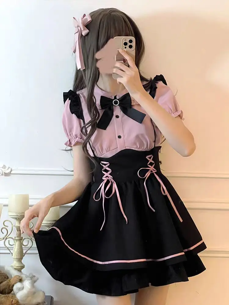 

Japanese Sweet Cute Lolita Two Piece Sets Summer Puff Sleeve Bow Pink Shirt Women+ 2025 New Lace Up Slim Waist Skirts