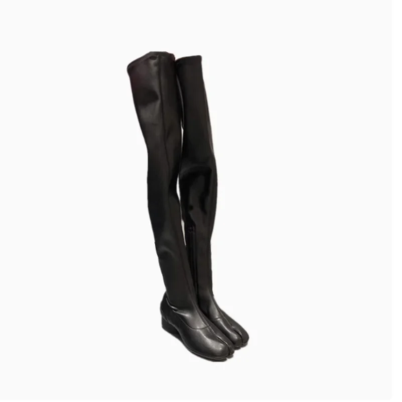 Botines mujer 2025 chunky low heel overknee long boots for woman ninja square split toe black leather rain tabi shoes women