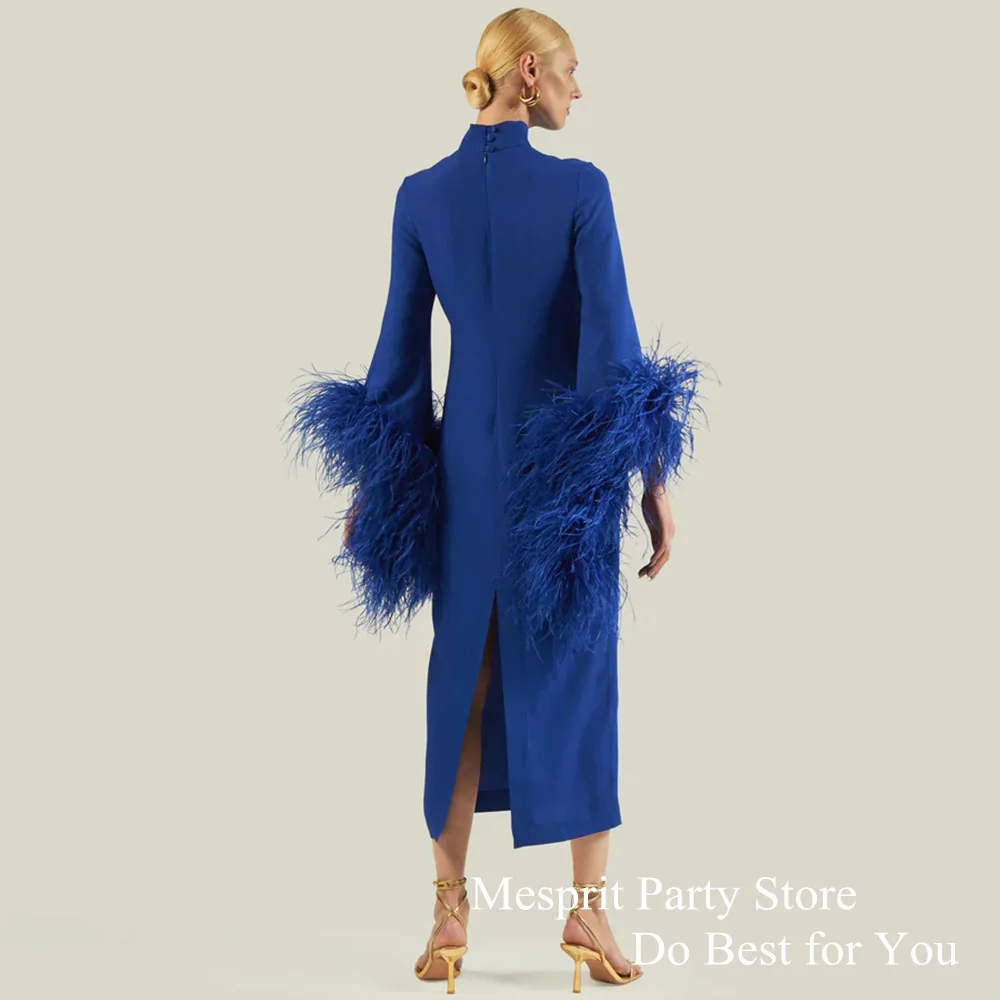 Feathers Evening Dress High Neck Customized Tea Length Jersey Straight Royal Blue Prom Gown Back Slit Daily Party Dresses