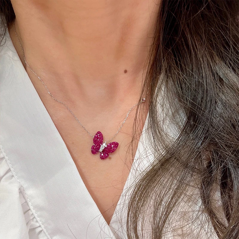Aazuo Luxurydesign 18K White Gold Natural Ruby Blue Sapphire Buterfly Pendent With Chain Necklace gifted for Women Au750 18 Inch - view 5