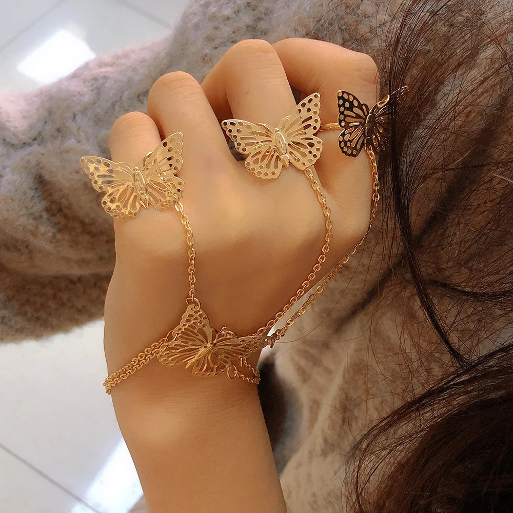 Simple Butterfly Bracelet and Ring Together for Women Hollow Hot Sale Metal Adjustable Butterfly Charm Bracelet Fine Jewelry