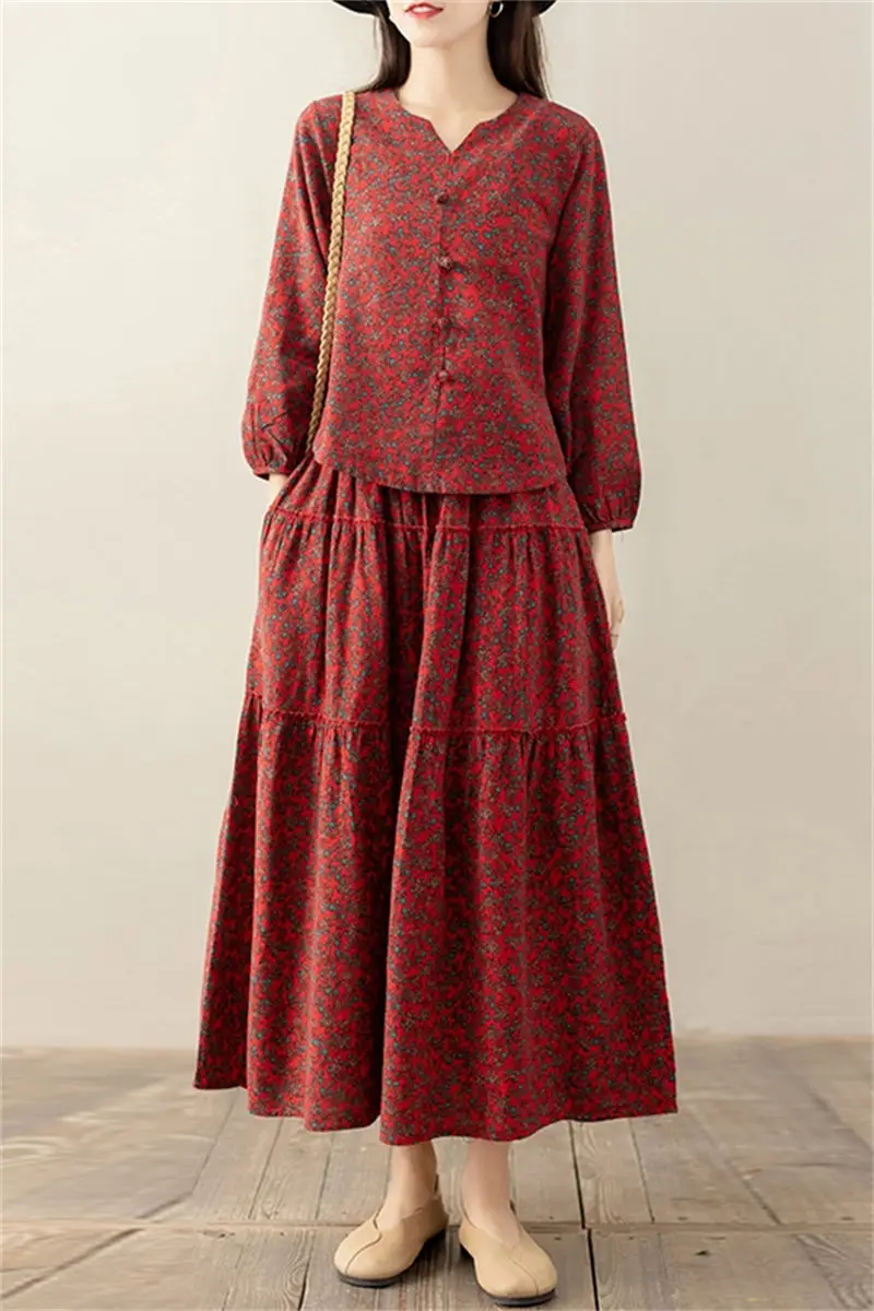 Spring Autumn Women\'s National Style Shirt + Skirt Floral Long Skirt Set Vintage Literature Cotton Linen Suit Women Outfit T2040
