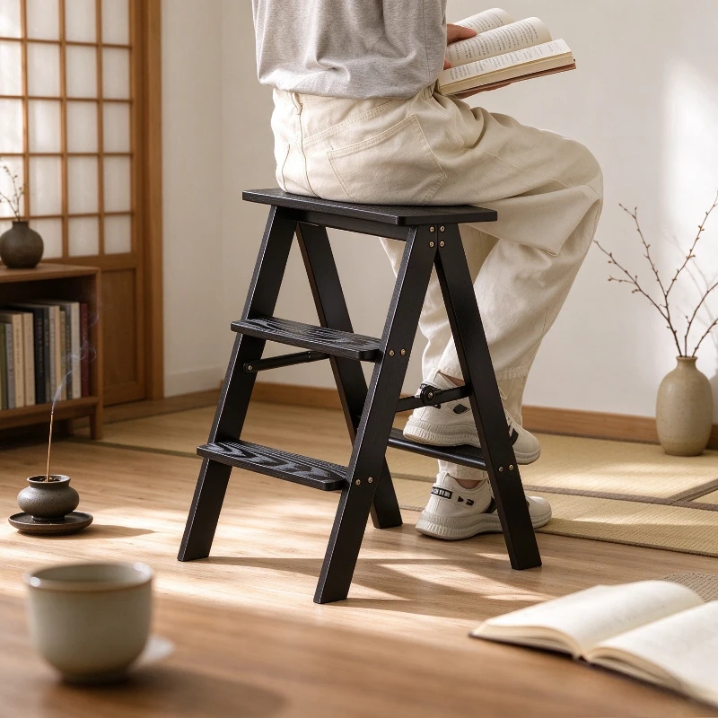 Modern Solid Wood Step Stool Multi-Functional Folding Ladder Sturdy Foldable Home Living Room Steady Climbing Storage Rack