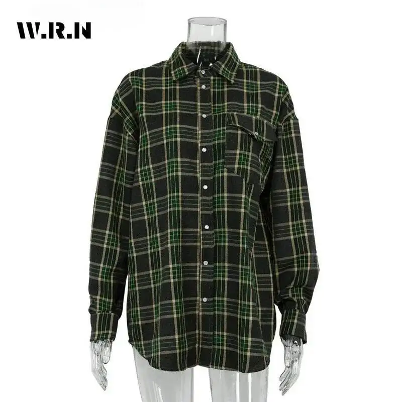 

Fashion Baggy Plaid Women's Blouse Elegant Lapel Long Sleeve Shirts And Blouses Vintage Pocket Lace-Up Top Female 2025