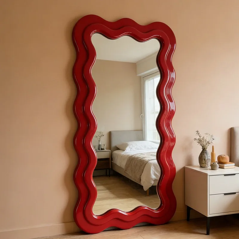 Nordic irregular wave mirror special-shaped full-length mirror creative red art mirror