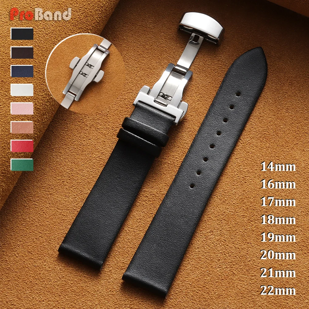 Ultra-Thin Genuine Leather Watch Band 14/16/17/18/19/20/21/22mm Soft Cowhide Strap Butterfly Buckle Belt for Man Women Watchband