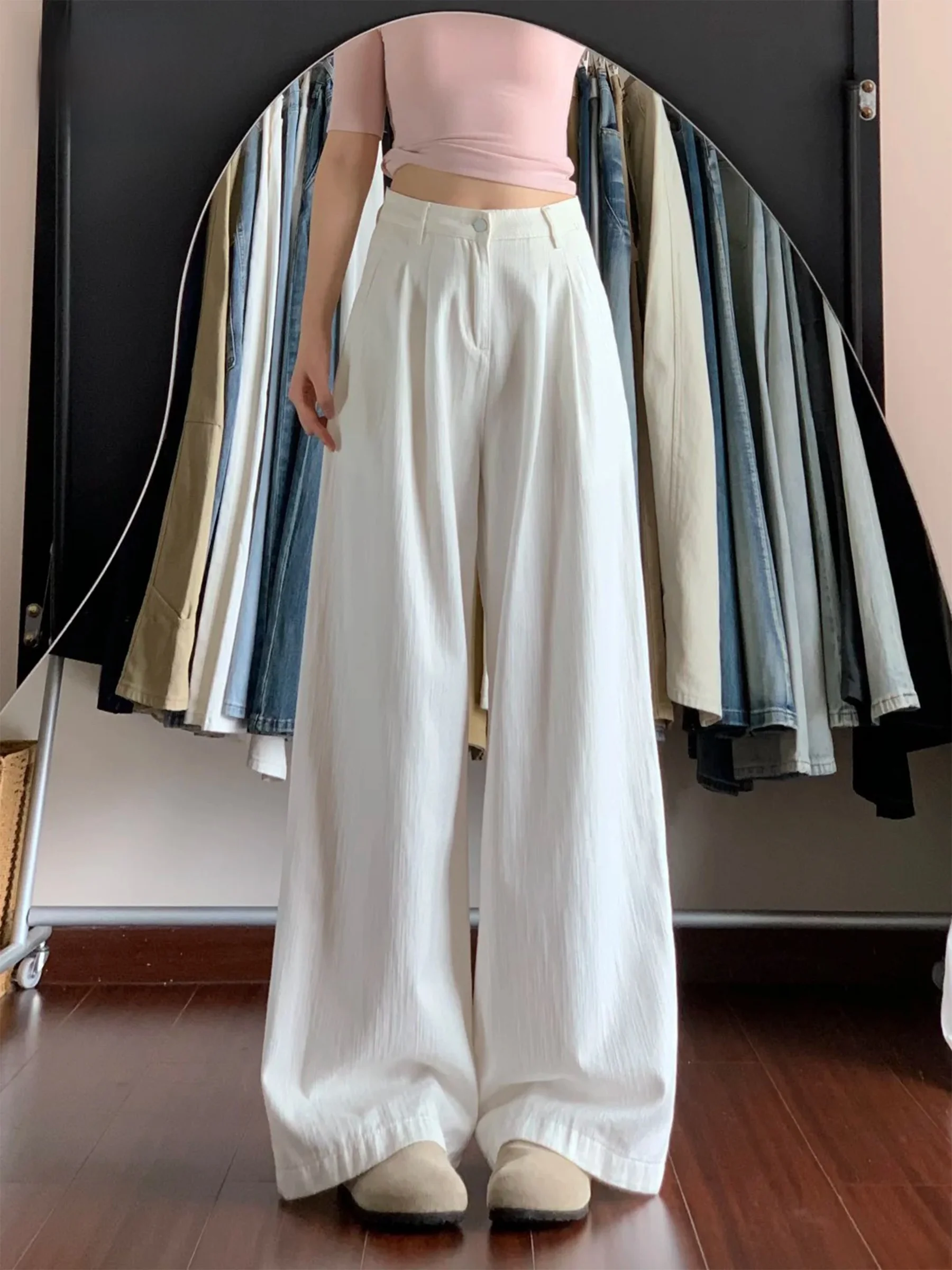 

Белые широкие джинсы женские летние, прямого кроя, в пол, с высокой талией, повседневные, из денима, в американском стиле, весна 2026