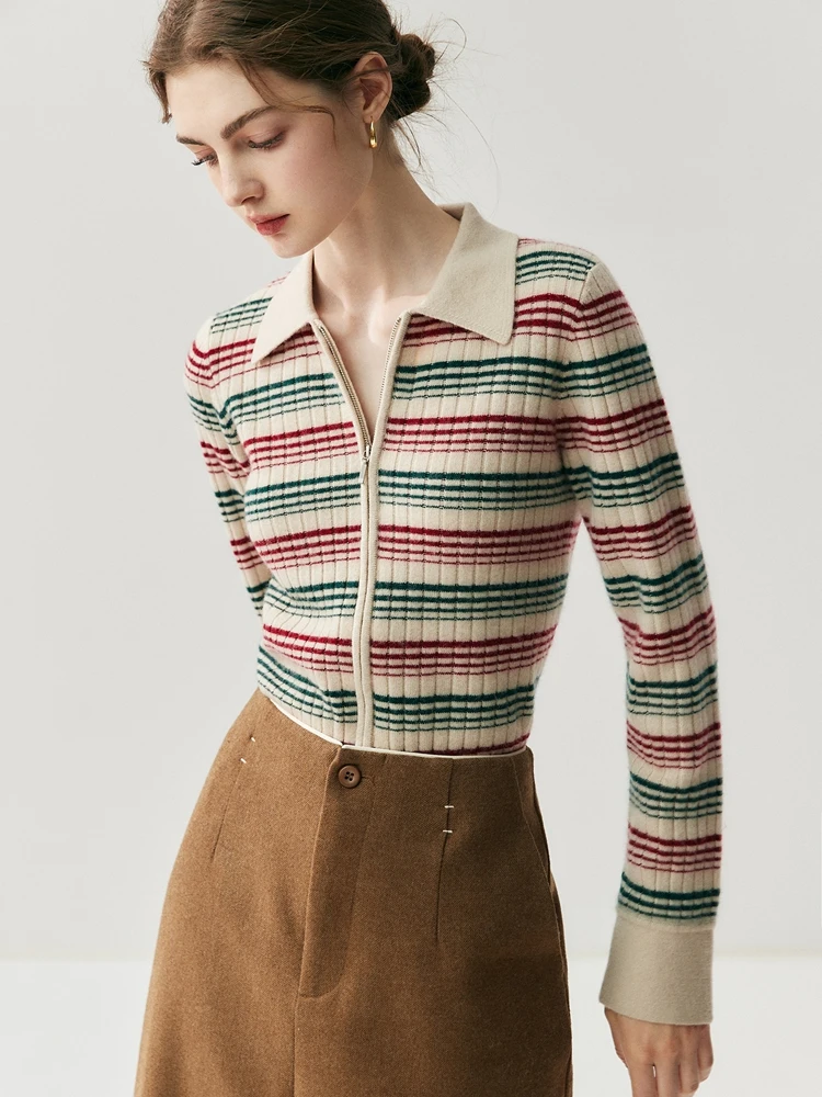 

CHICUU Women 100% Cashmere Sweater Polo Striped Cardigan Zipper Turn Down Collar Slim Cashmere Coat Autumn Winter Thick Knitwear