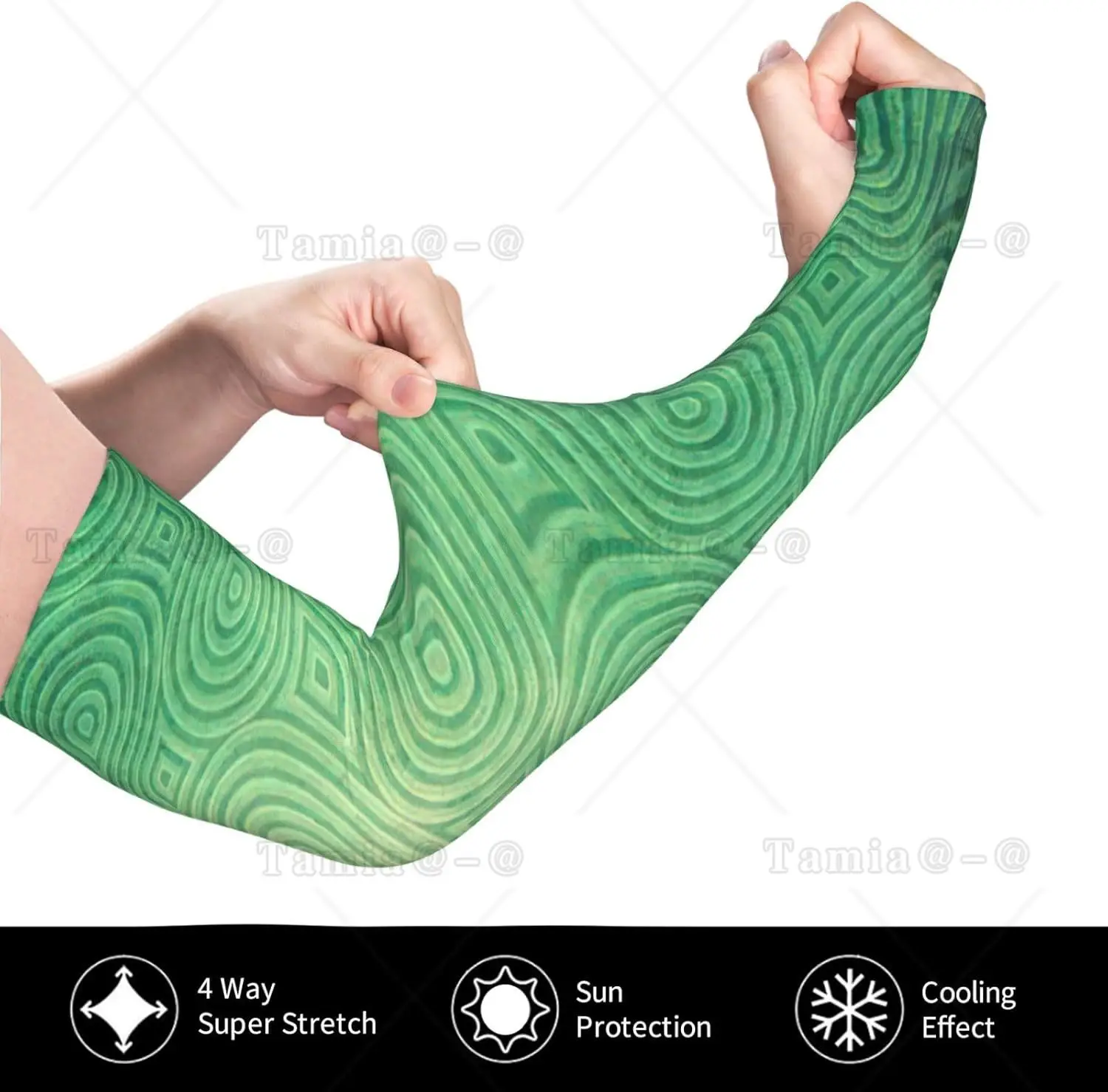 Mangas de protección solar con estampado de textura curvada verde para mujeres y hombres, mangas deportivas refrescantes para golf, correr, ciclismo y senderismo