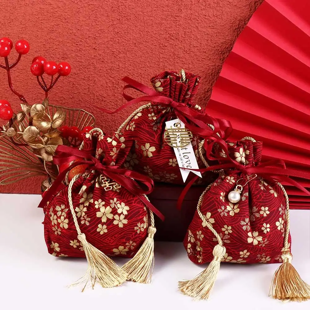 Sakura Canvas Flower Drawstring Bag Pearl Pendant Satin Bow Ribbon Bow Wrist Bag Bucket Bag Storage Bag