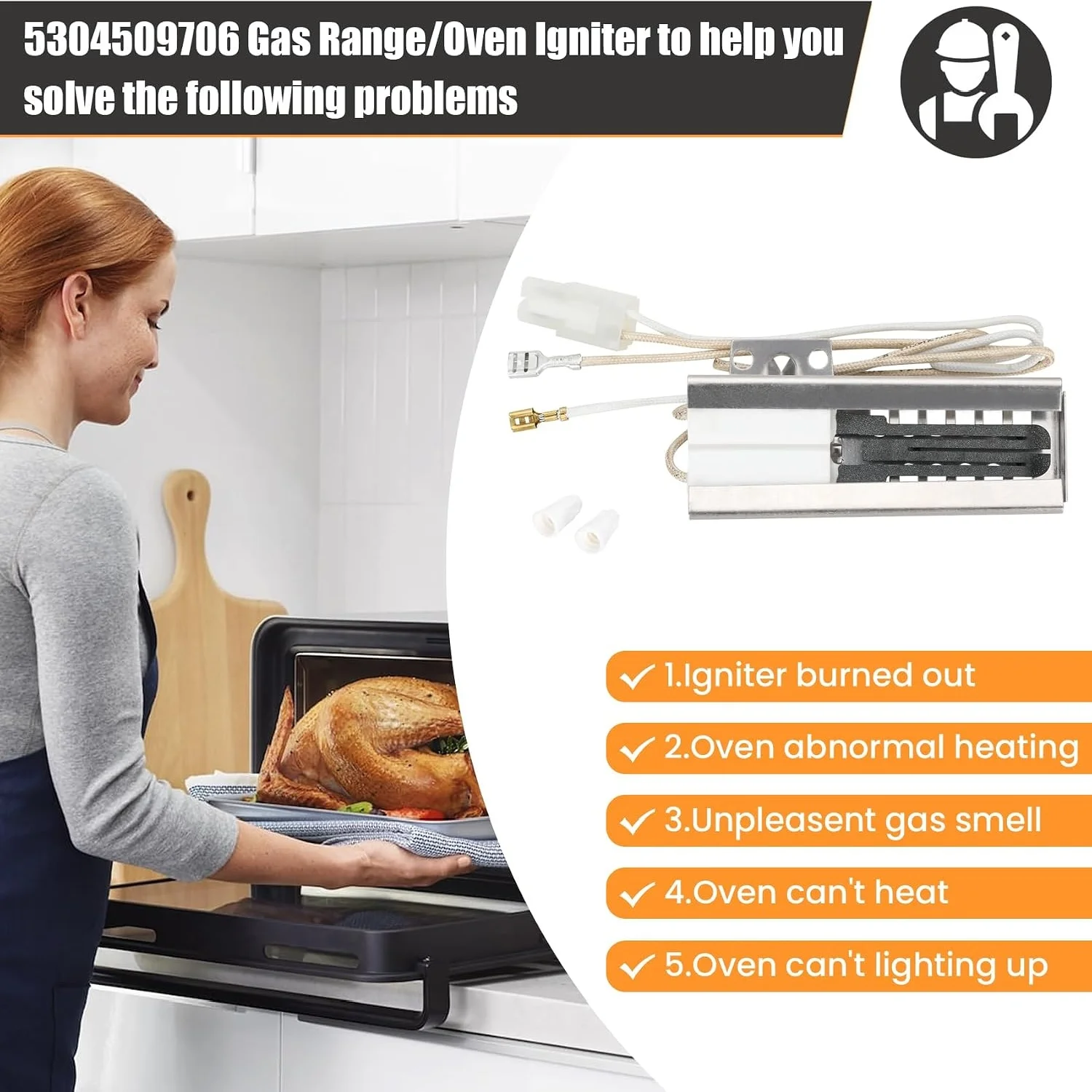 5304509706 Gas Oven Range Igniter Replace 316119301 316489402 316489408 WB02X10016 WB2X10016 Compatible With Frigidaire Kenmore GE Crosley Tappan Westinghouse Gibson HotPoint Range Oven/Stove