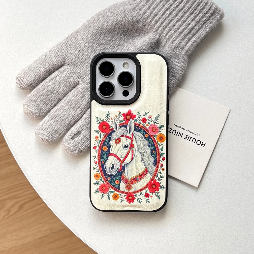 2026 سنة النمط الصيني الأحمر الأبيض الحصان إطار صور زهرة إكليل نمط غطاء الهاتف القضية آيفون 17 16 15 14 13 برو ماكس #6