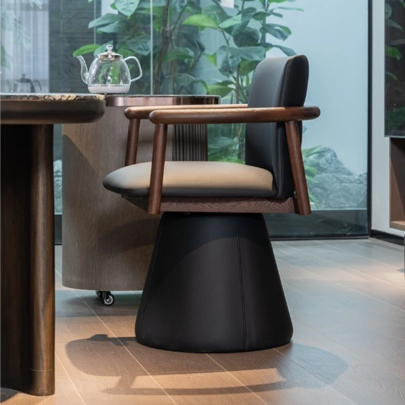 

Medieval black walnut tea wooden chair, household leather ash wood master chair