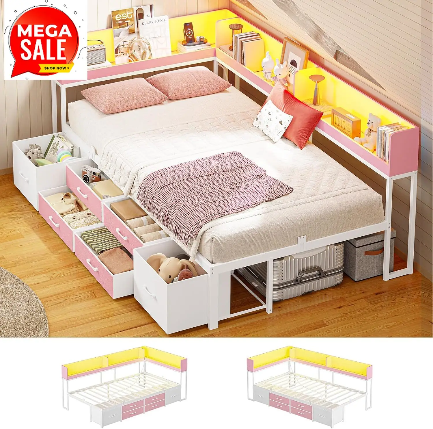 4 Inch Corner Bed Frame with Bookcase Storage, Twin Daybed with 6 Drawers, Charging Station and LED Light, Twin Size Metal