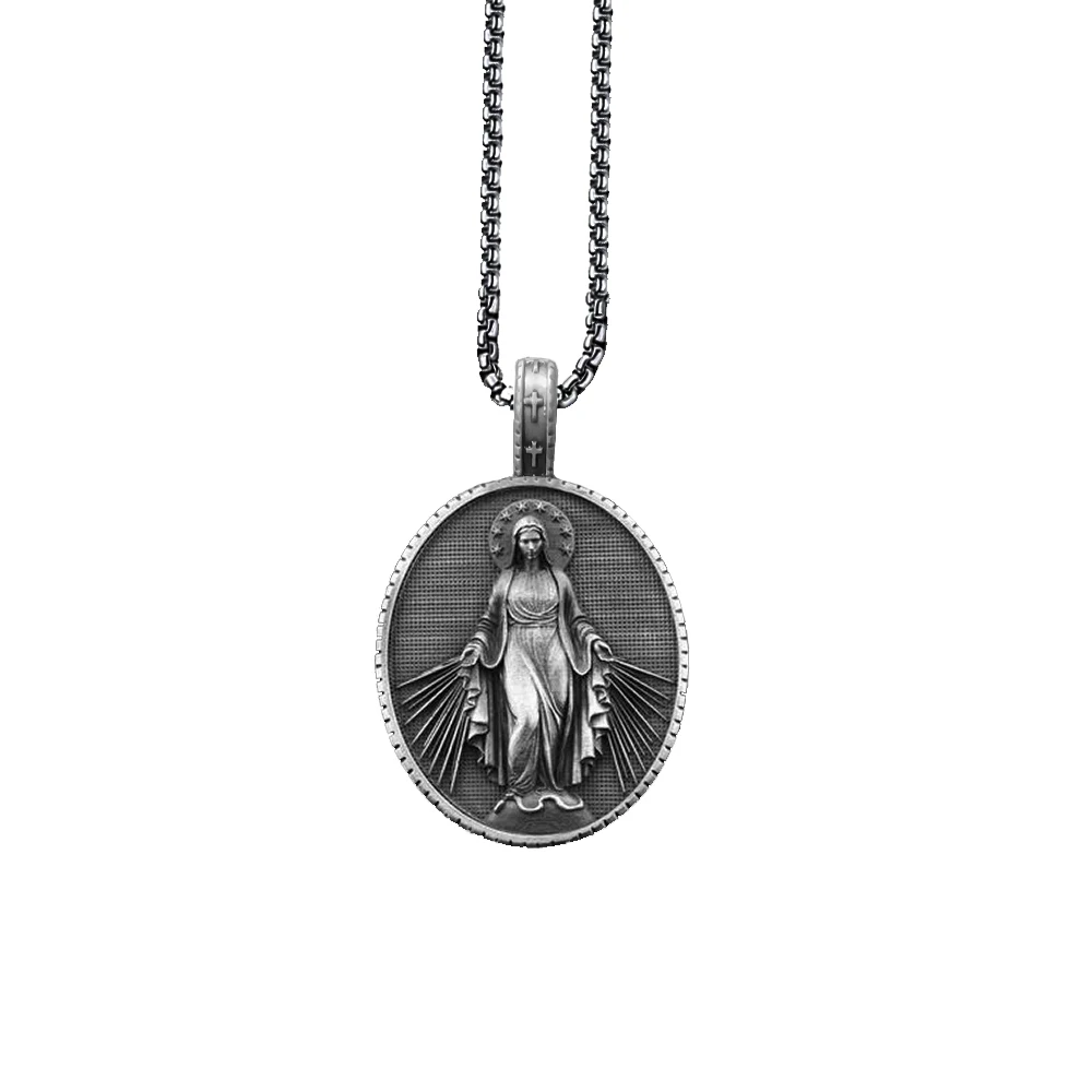 New Arrival Virgin Mary Pendant Medal Religious Christian Necklace Catholic Retro Tag Men With Titanium Steel Sweater Chain