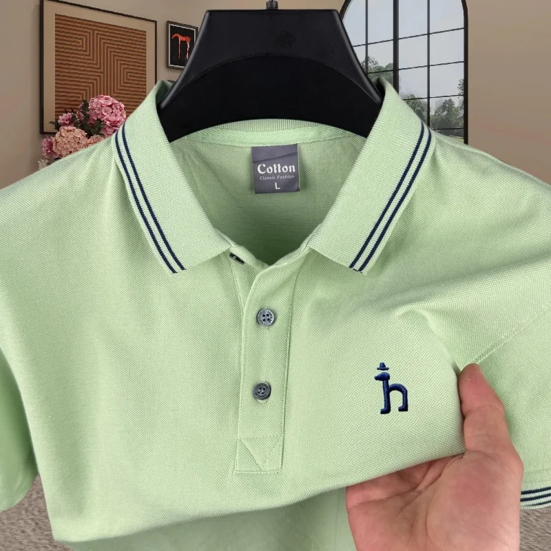 100% pure cotton high-end brand men's short sleeved polo shirt summer fashion striped deer head embroidery golf  casual T-shirt