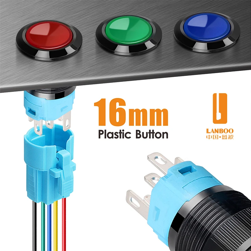 LANBOO 16mm 1NO1NC 5Pin black plastic push button switch with LED 12V24V220V latching or momentary