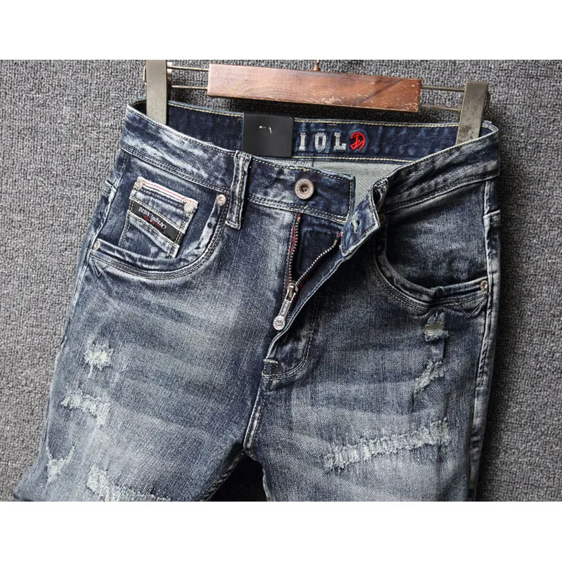 Italian Style Fashion Men Jeans Retro Washed Blue Elastic Slim Fit Ripped Jeans Men High Quality Vintage Designer Denim Pants