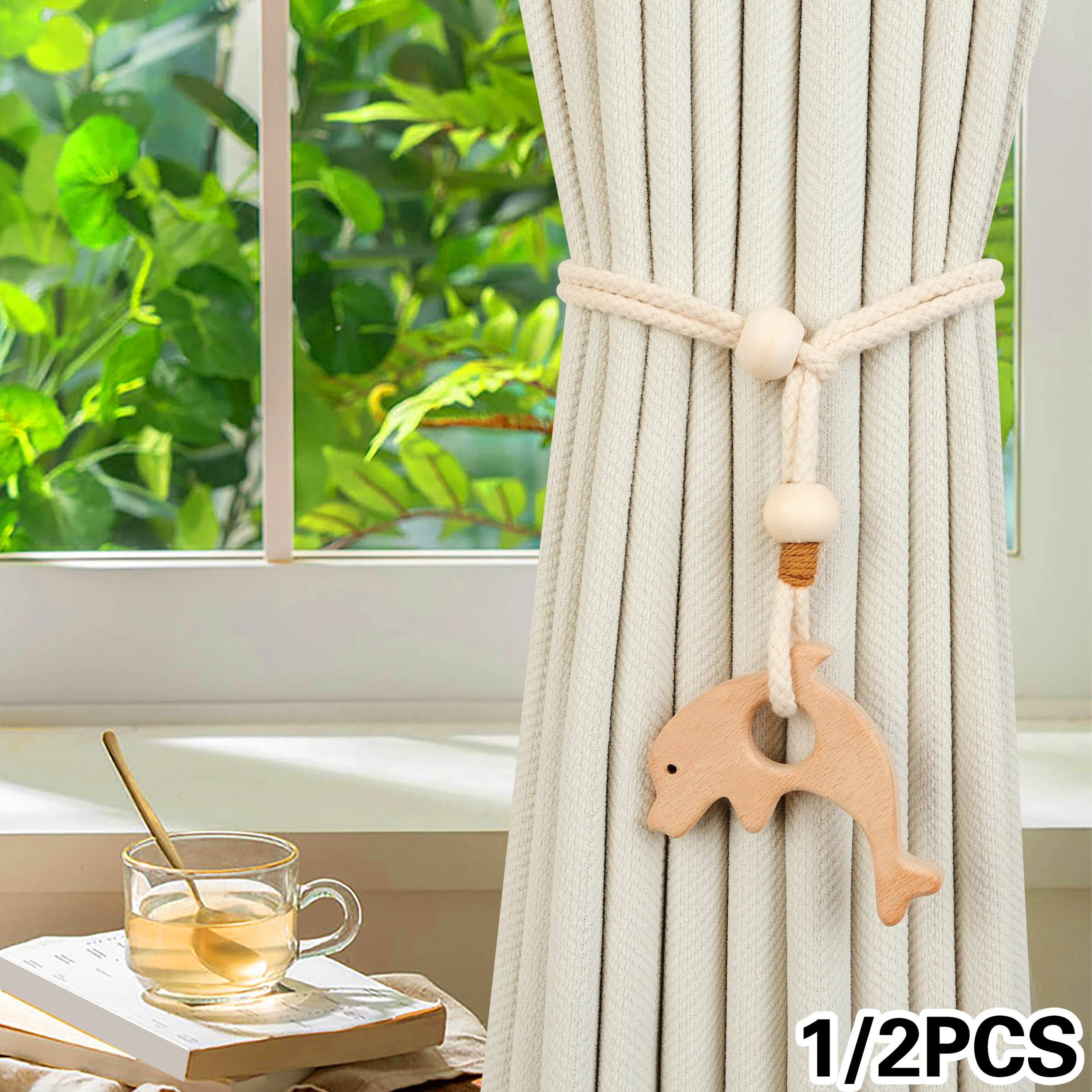 1PC/2PCS Bohemian Handmade Wooden Beads and Wooden Dolphin Pattern Design Curtain Tension Rods