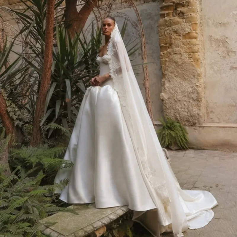 Satin ivory White Wedding Dresses  decal off-shoulder A-line skirt long tail Gowns wedding dress Bridal Gown