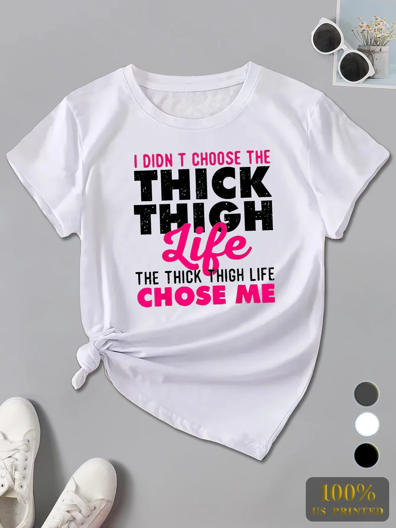 

Plus Size "Thick Thigh Life" Women's T-Shirt - Casual & Sporty, Short Sleeve, Round Neck, Polyester, Machine Washable