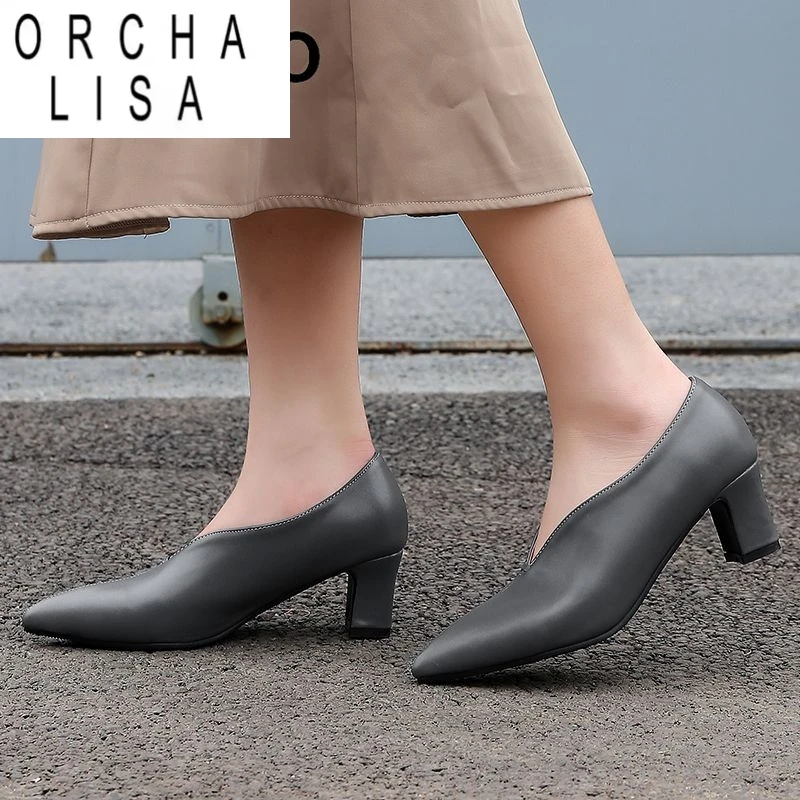 

ORCHA LISA Брендовые женские туфли-лодочки с острым носком на массивном каблуке 5,5 см, слипоны большого размера 43 44 45 46 Мягкие повседневные офисные женские туфли 31 32 33